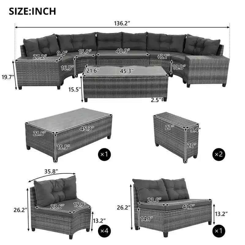 Whisen 8-Piece Wicker Patio Sectional Sofa Set, Outdoor Curved Half-Moon Sectional Couch Sets with Rectangular Coffee Table