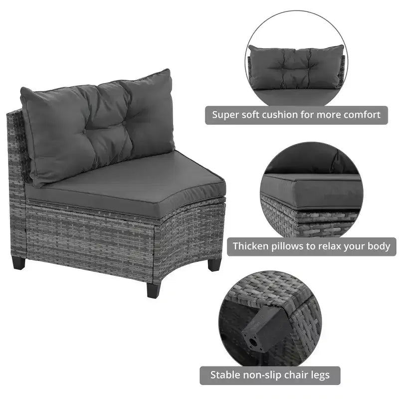 Whisen 8-Piece Wicker Patio Sectional Sofa Set, Outdoor Curved Half-Moon Sectional Couch Sets with Rectangular Coffee Table