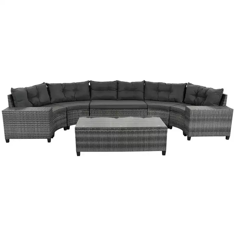 Whisen 8-Piece Wicker Patio Sectional Sofa Set, Outdoor Curved Half-Moon Sectional Couch Sets with Rectangular Coffee Table