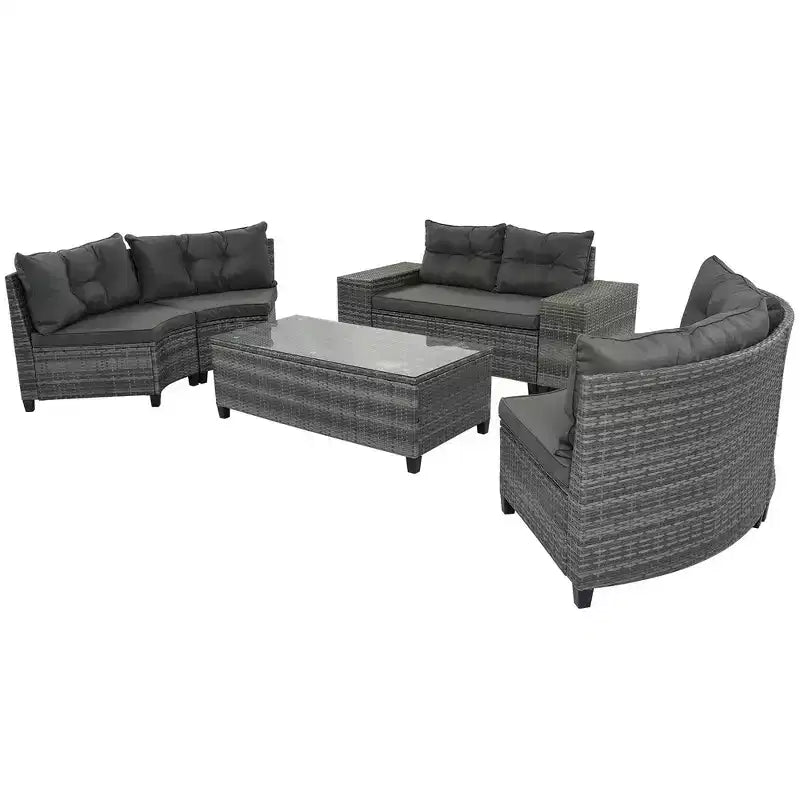 Whisen 8-Piece Wicker Patio Sectional Sofa Set, Outdoor Curved Half-Moon Sectional Couch Sets with Rectangular Coffee Table
