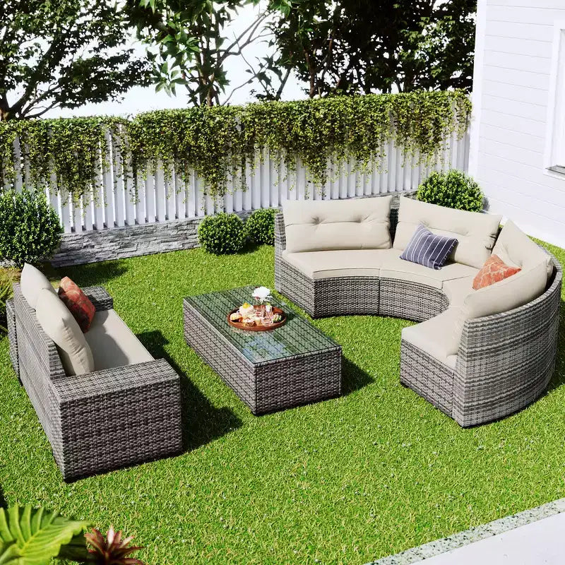 Whisen 8-Piece Wicker Patio Sectional Sofa Set, Outdoor Curved Half-Moon Sectional Couch Sets with Rectangular Coffee Table