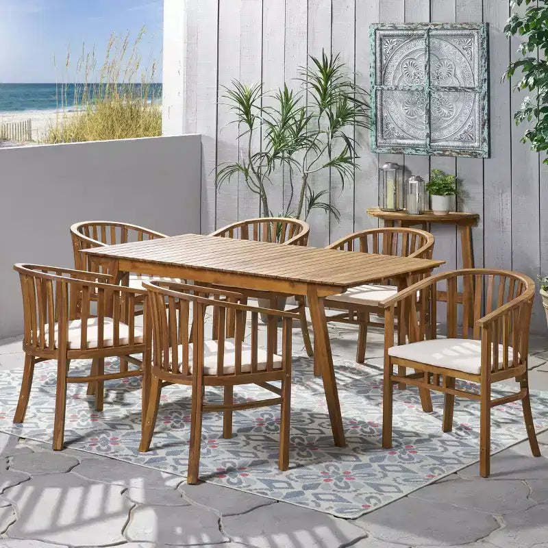 Christopher Knight Home Tamaron uitschuifbare eetset voor buiten van acaciahout, 7-delig, met kussens, teak en crème