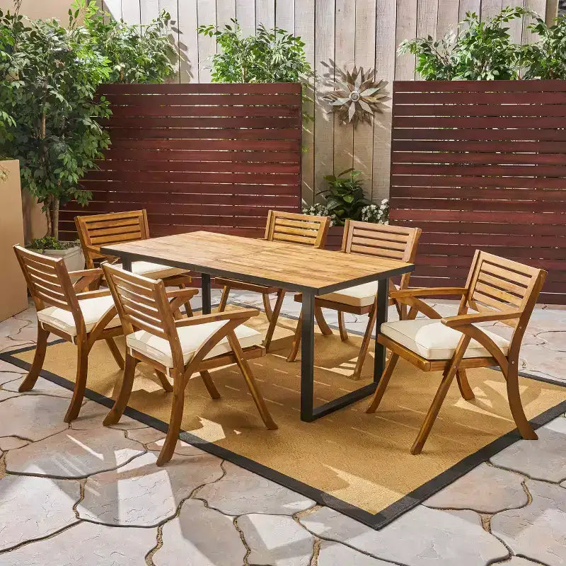 Christopher Knight Home Lovell 7-delige eetset voor buiten van acaciahout en ijzer, met kussen, teak en crèmekleurig