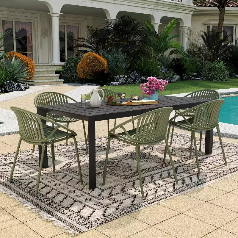 Conjunto de comedor moderno de 7 piezas para exterior Christopher Knight Home Paddy, de metal y polipropileno, con silla apilable