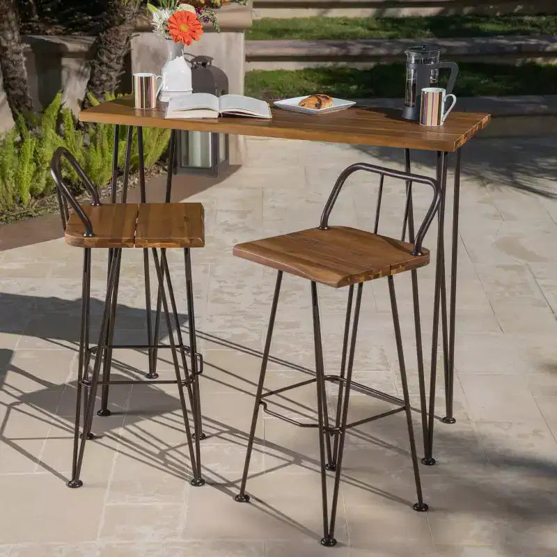 Christopher Knight Home industriële 3-delige bartafelset voor buiten van acaciahout met haarspeldpoten, teak