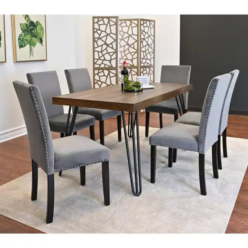 Roundhill Furniture Ashzo Dining Set, Hairpin Dining Table with 6 Chairs, 7-Piece