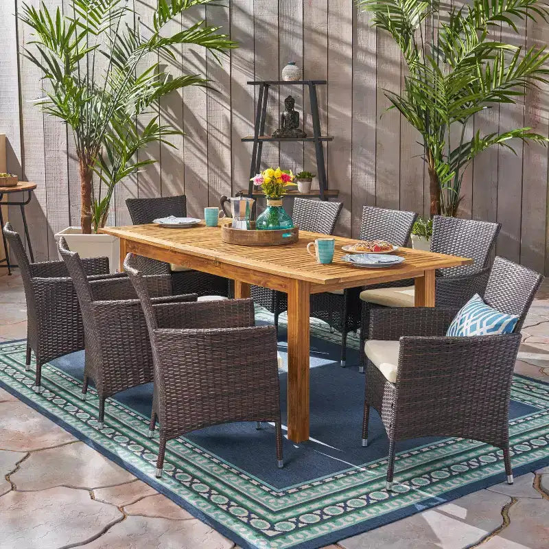 Conjunto de comedor extensible de 9 piezas para exteriores GDFStudio Aloha, de madera de acacia y mimbre, natural arenado/multicolor marrón