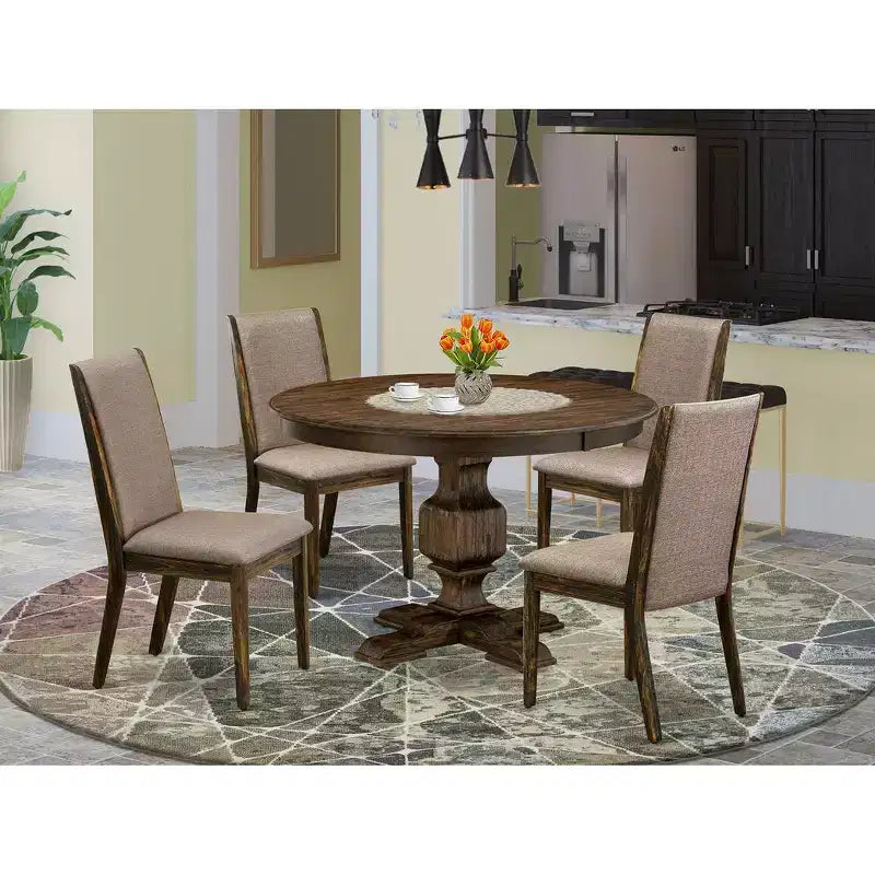 HomeStock 5-teiliges rundes Esszimmer-Set im Used-Look mit Jacobean-Finish