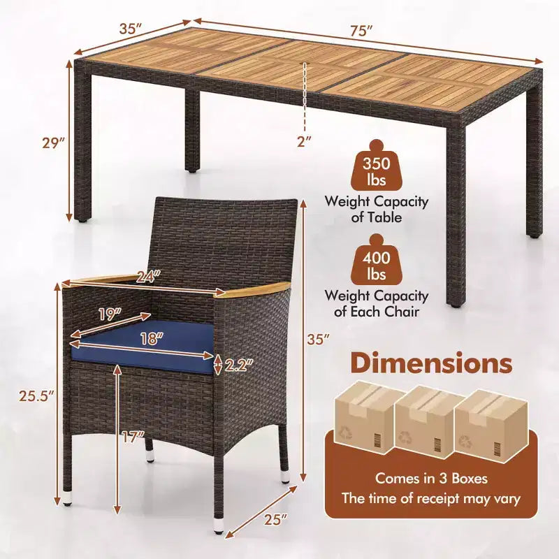 Costway 9-teiliges Esszimmer-Set für den Außenbereich mit Tischplatte aus Akazienholz, Terrassen-Essgruppe für 8 Personen, Marineblau/Beige