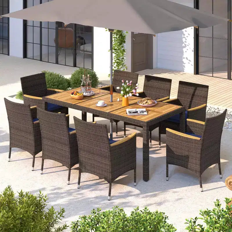 Costway 9-teiliges Esszimmer-Set für den Außenbereich mit Tischplatte aus Akazienholz, Terrassen-Essgruppe für 8 Personen, Marineblau/Beige