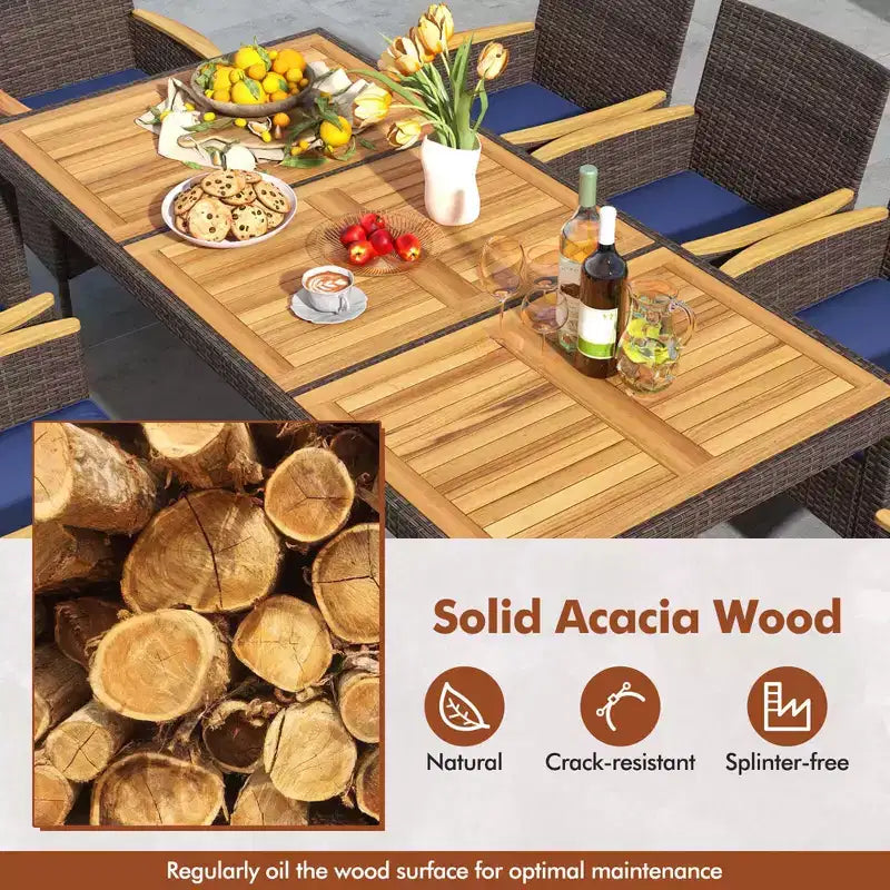 Costway 9-teiliges Esszimmer-Set für den Außenbereich mit Tischplatte aus Akazienholz, Terrassen-Essgruppe für 8 Personen, Marineblau/Beige
