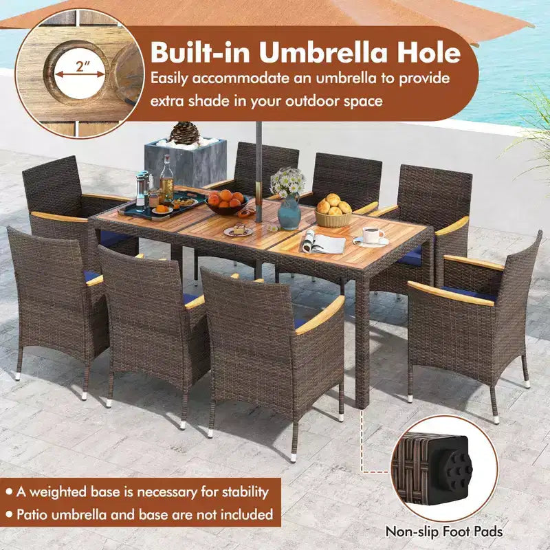 Costway 9-teiliges Esszimmer-Set für den Außenbereich mit Tischplatte aus Akazienholz, Terrassen-Essgruppe für 8 Personen, Marineblau/Beige