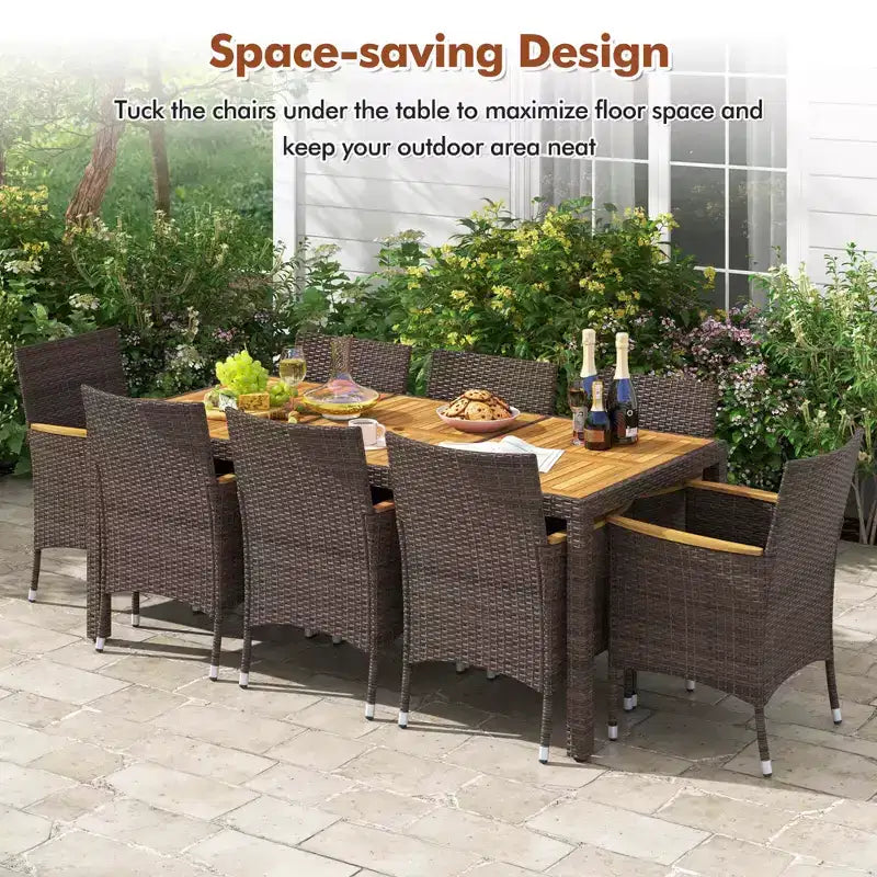 Costway 9-teiliges Esszimmer-Set für den Außenbereich mit Tischplatte aus Akazienholz, Terrassen-Essgruppe für 8 Personen, Marineblau/Beige