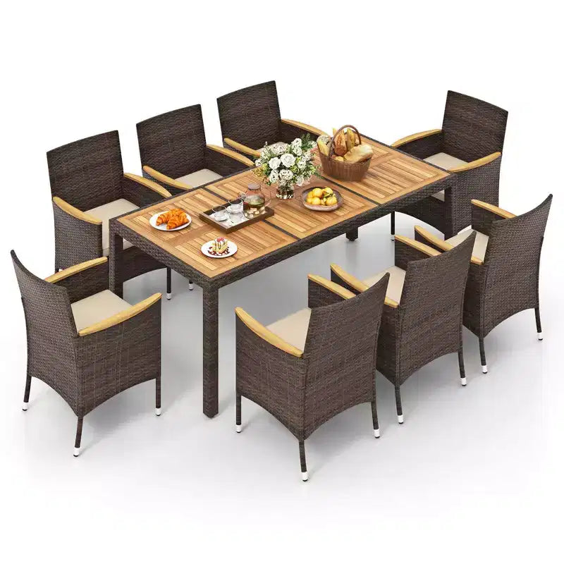 Costway 9-teiliges Esszimmer-Set für den Außenbereich mit Tischplatte aus Akazienholz, Terrassen-Essgruppe für 8 Personen, Marineblau/Beige