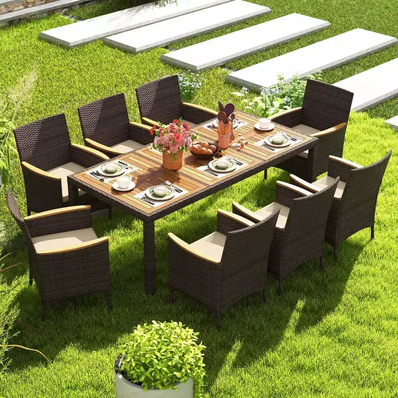 Costway 9-teiliges Esszimmer-Set für den Außenbereich mit Tischplatte aus Akazienholz, Terrassen-Essgruppe für 8 Personen, Marineblau/Beige