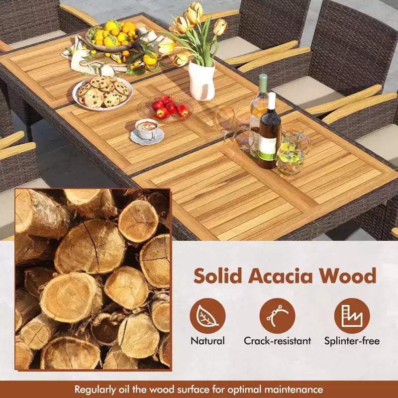 Costway 9-teiliges Esszimmer-Set für den Außenbereich mit Tischplatte aus Akazienholz, Terrassen-Essgruppe für 8 Personen, Marineblau/Beige