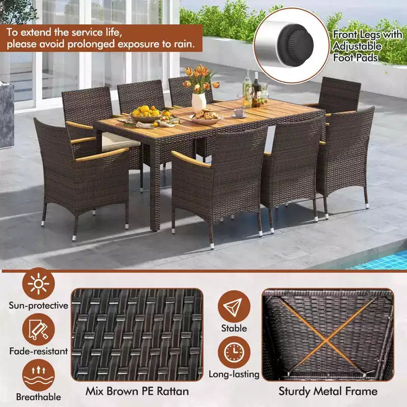 Costway 9-teiliges Esszimmer-Set für den Außenbereich mit Tischplatte aus Akazienholz, Terrassen-Essgruppe für 8 Personen, Marineblau/Beige