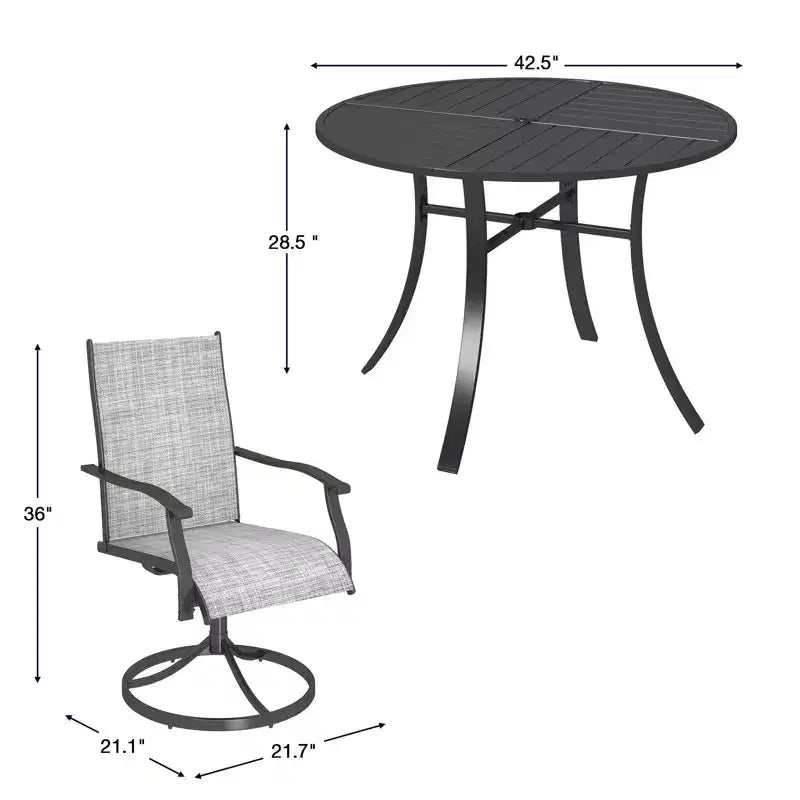 Ensemble de salle à manger de patio EROMMY 5 pièces, ensemble de table et chaises de salle à manger d’extérieur pour 4 personnes, 4 fauteuils pivotants, 1 table ronde en fer avec trou de parasol réglable