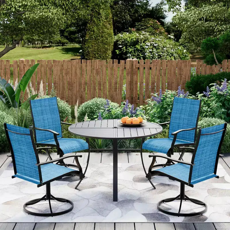 Ensemble de salle à manger de patio EROMMY 5 pièces, ensemble de table et chaises de salle à manger d’extérieur pour 4 personnes, 4 fauteuils pivotants, 1 table ronde en fer avec trou de parasol réglable