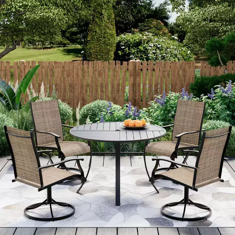Ensemble de salle à manger de patio EROMMY 5 pièces, ensemble de table et chaises de salle à manger d’extérieur pour 4 personnes, 4 fauteuils pivotants, 1 table ronde en fer avec trou de parasol réglable