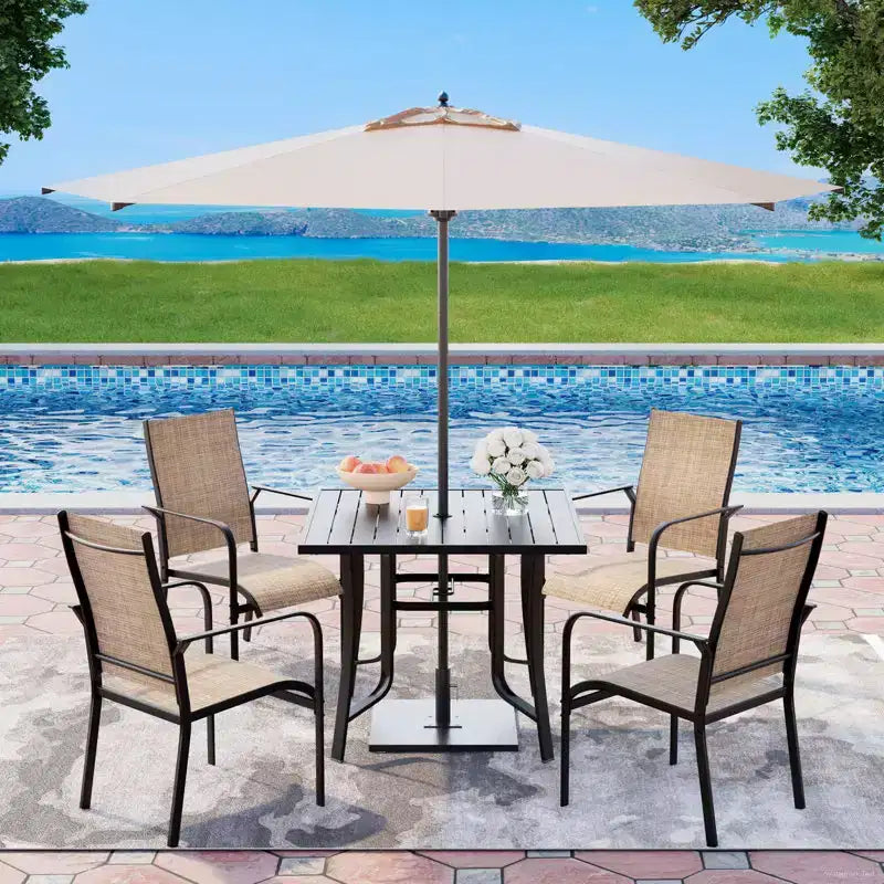 EROMMY 5 Parçalı Veranda Yemek Seti, 4 Kişilik Dış Mekân Masa ve Sandalye Seti, 4 Tekstilen Sandalye, 1 Demir Kare Masa, Veranda ve Teras Mobilya Seti