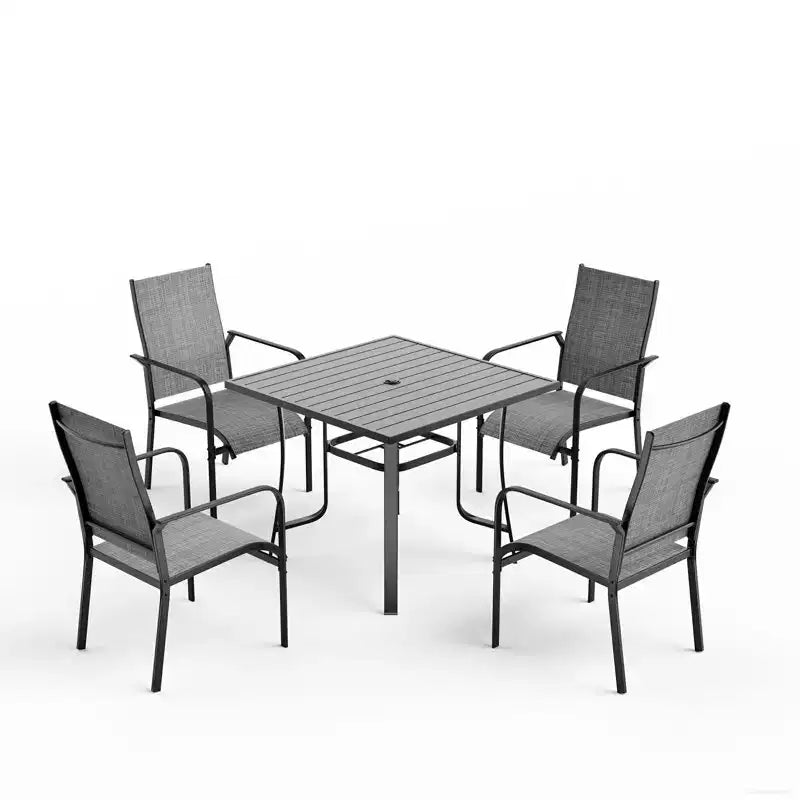 EROMMY 5 Parçalı Veranda Yemek Seti, 4 Kişilik Dış Mekân Masa ve Sandalye Seti, 4 Tekstilen Sandalye, 1 Demir Kare Masa, Veranda ve Teras Mobilya Seti
