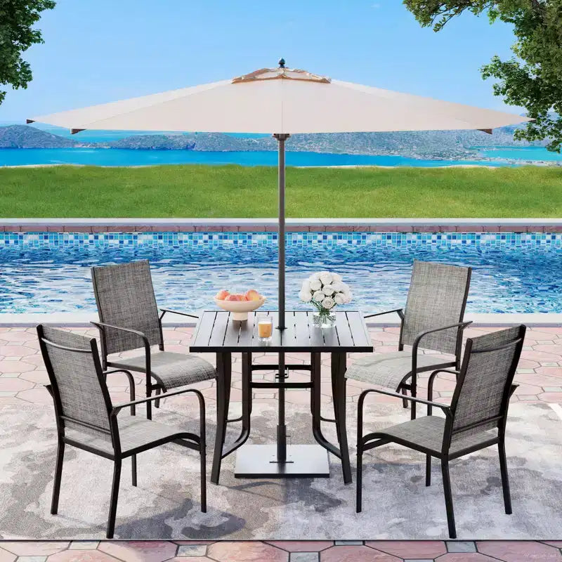 EROMMY 5 Parçalı Veranda Yemek Seti, 4 Kişilik Dış Mekân Masa ve Sandalye Seti, 4 Tekstilen Sandalye, 1 Demir Kare Masa, Veranda ve Teras Mobilya Seti