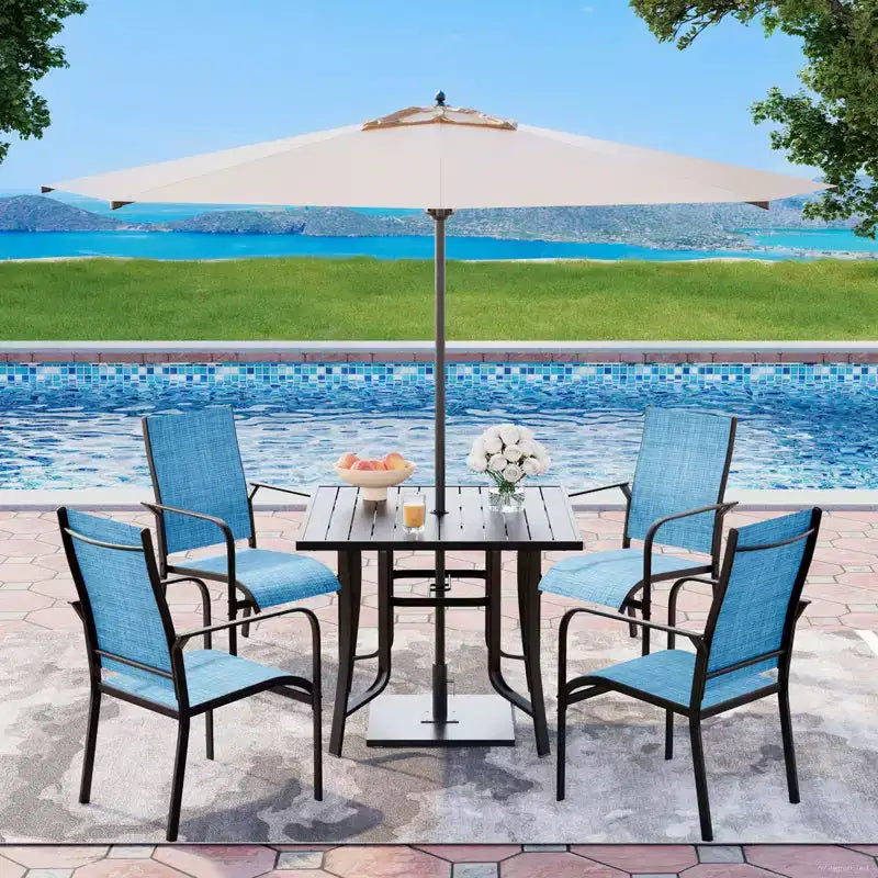 EROMMY 5 Parçalı Veranda Yemek Seti, 4 Kişilik Dış Mekân Masa ve Sandalye Seti, 4 Tekstilen Sandalye, 1 Demir Kare Masa, Veranda ve Teras Mobilya Seti