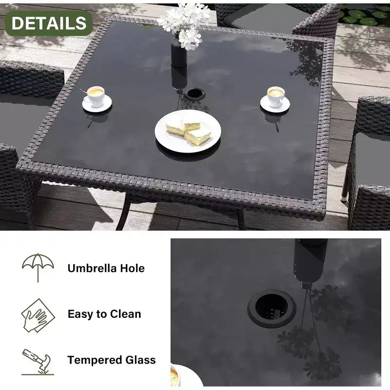 ALAULM Veranda Mobilyası Açık Hava Yemek Takımı, Hasır Rattan Veranda Yemek Masası ve Sandalye Takımı, Şemsiyeli Kare Temperli Cam Masa Üstü
