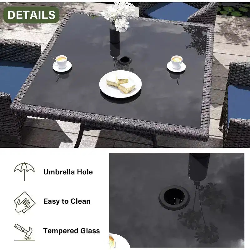 ALAULM Veranda Mobilyası Açık Hava Yemek Takımı, Hasır Rattan Veranda Yemek Masası ve Sandalye Takımı, Şemsiyeli Kare Temperli Cam Masa Üstü