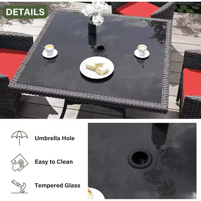 ALAULM Veranda Mobilyası Açık Hava Yemek Takımı, Hasır Rattan Veranda Yemek Masası ve Sandalye Takımı, Şemsiyeli Kare Temperli Cam Masa Üstü