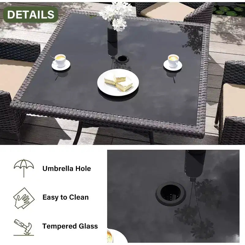 ALAULM Veranda Mobilyası Açık Hava Yemek Takımı, Hasır Rattan Veranda Yemek Masası ve Sandalye Takımı, Şemsiyeli Kare Temperli Cam Masa Üstü
