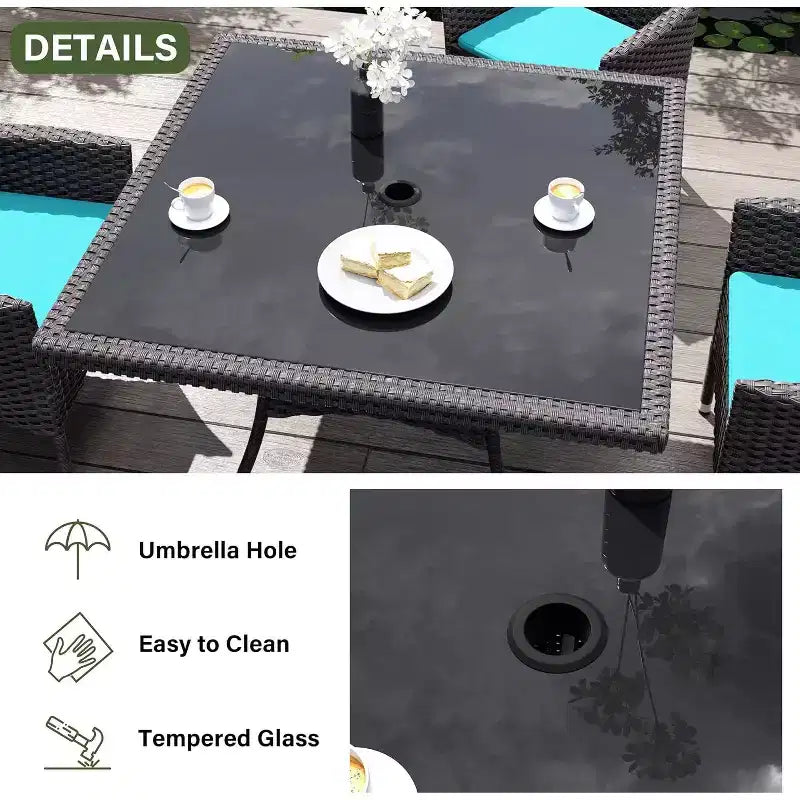 ALAULM Veranda Mobilyası Açık Hava Yemek Takımı, Hasır Rattan Veranda Yemek Masası ve Sandalye Takımı, Şemsiyeli Kare Temperli Cam Masa Üstü