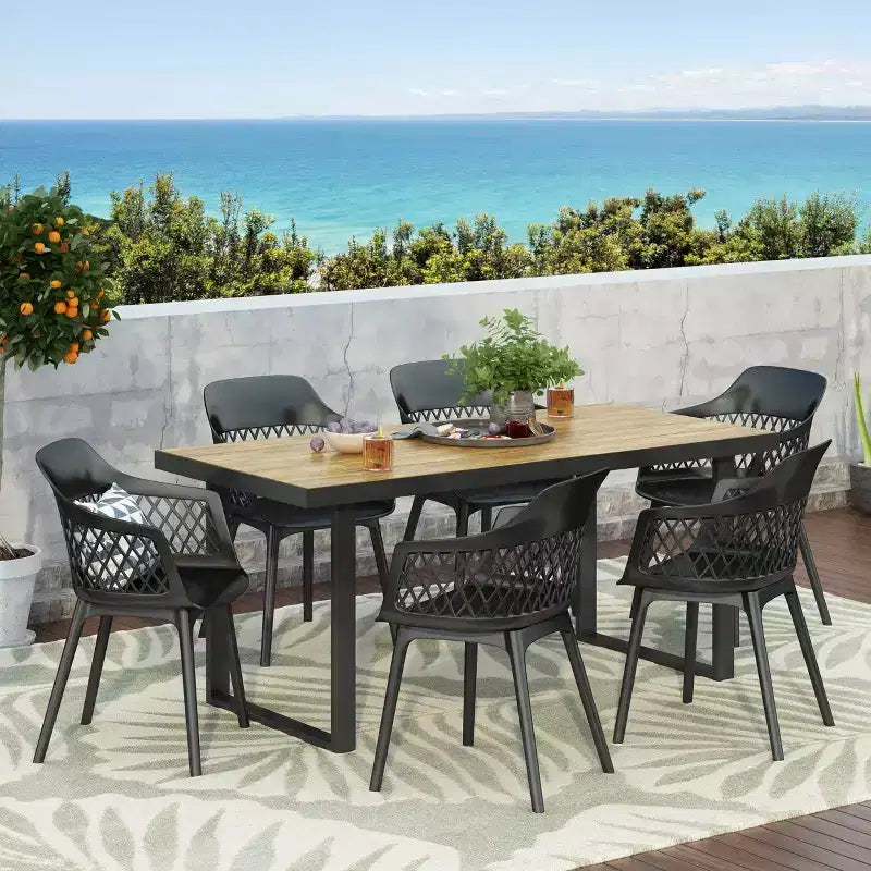 Christopher Knight Home Trinity conjunto de comedor de exterior de 7 piezas de resina de polipropileno y madera de acacia, con mesa de 70 pulgadas, negro y teca