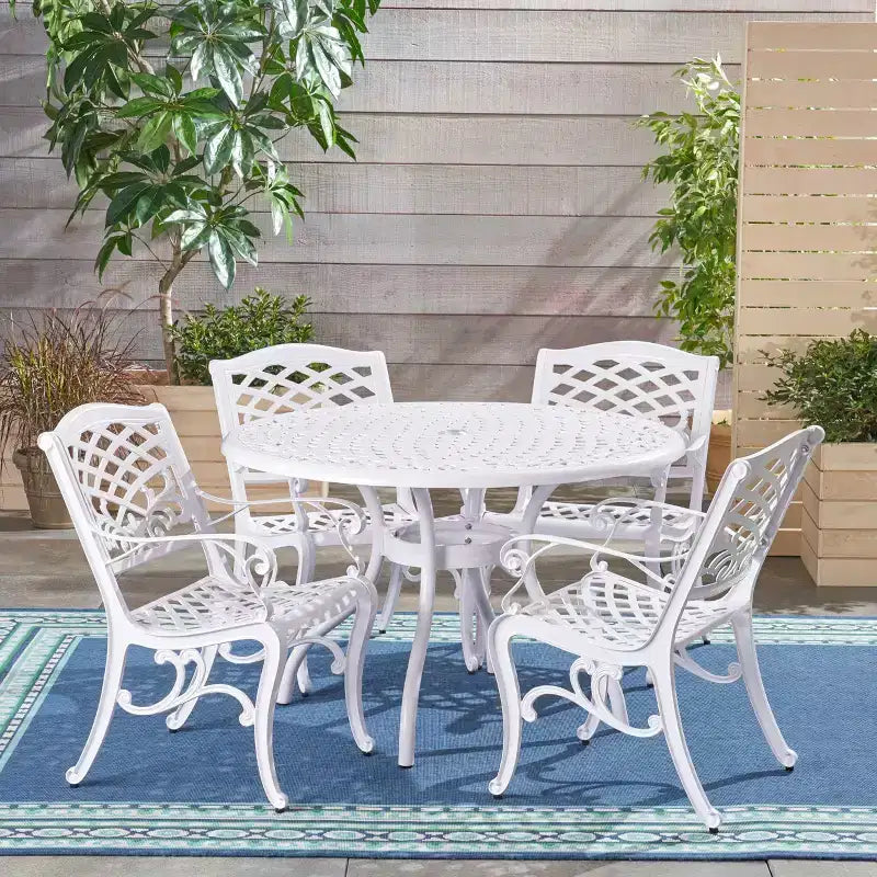 Christopher Knight Home Sarasota 5-teiliges Essgruppe für den Außenbereich aus Aluminiumguss mit floralem Rankenmuster