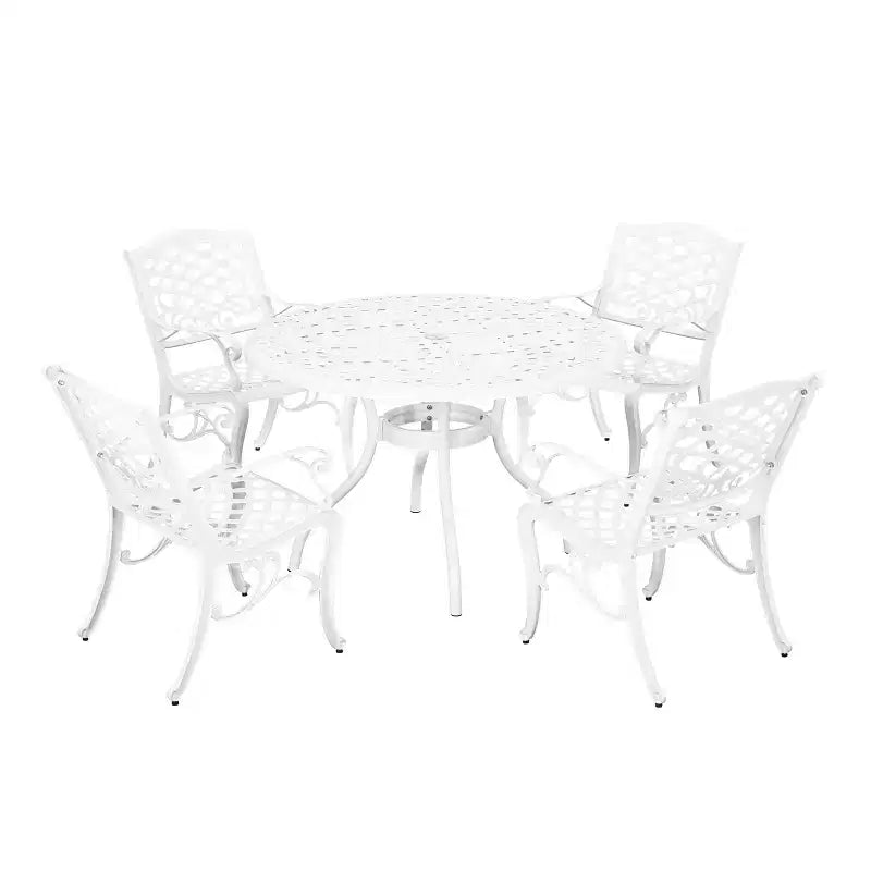 Christopher Knight Home Sarasota 5-teiliges Essgruppe für den Außenbereich aus Aluminiumguss mit floralem Rankenmuster