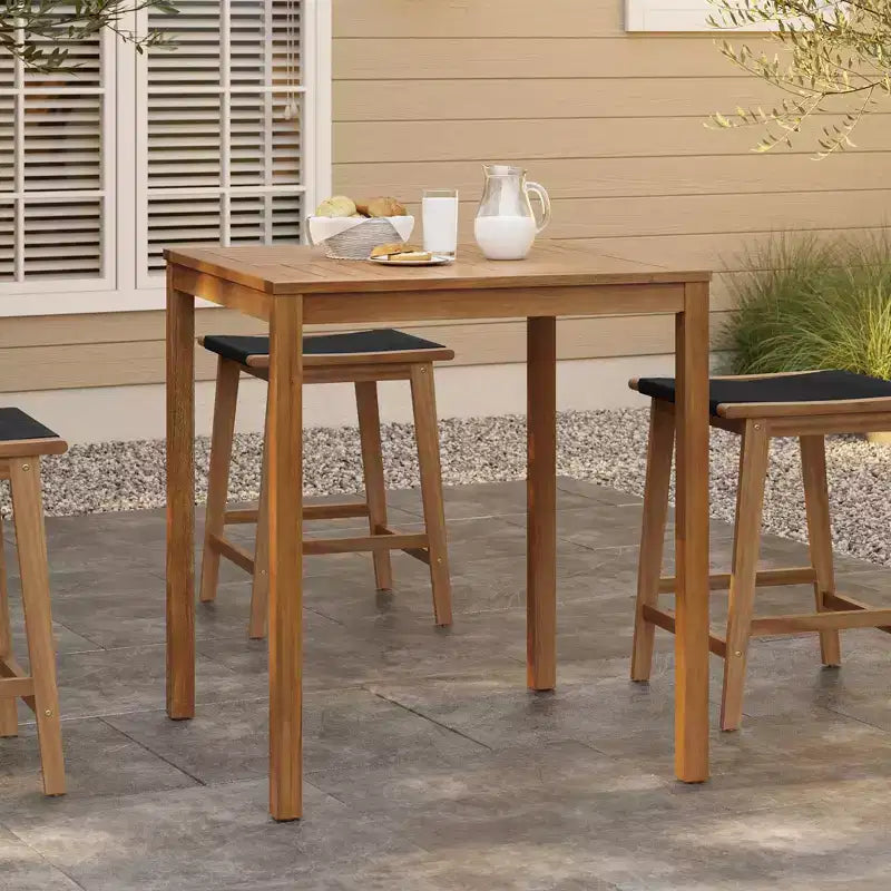 Set da esterno LuxenHome con tavolo in legno di acacia per 4 persone ad altezza bancone e 4 sgabelli, marrone