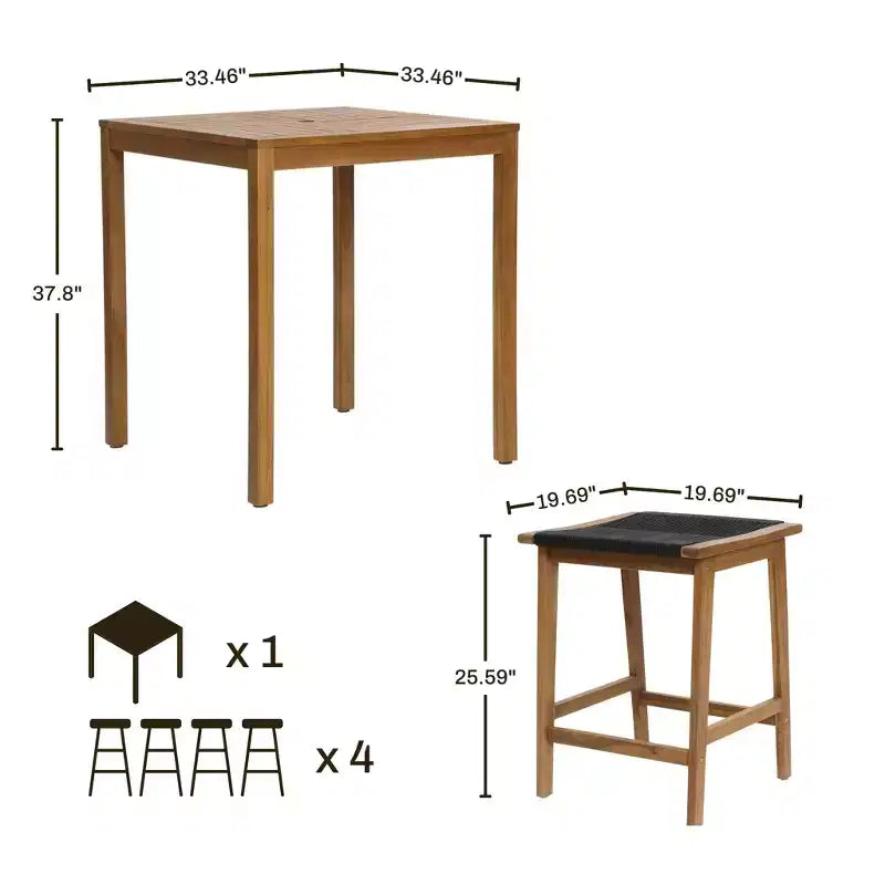 Set da esterno LuxenHome con tavolo in legno di acacia per 4 persone ad altezza bancone e 4 sgabelli, marrone