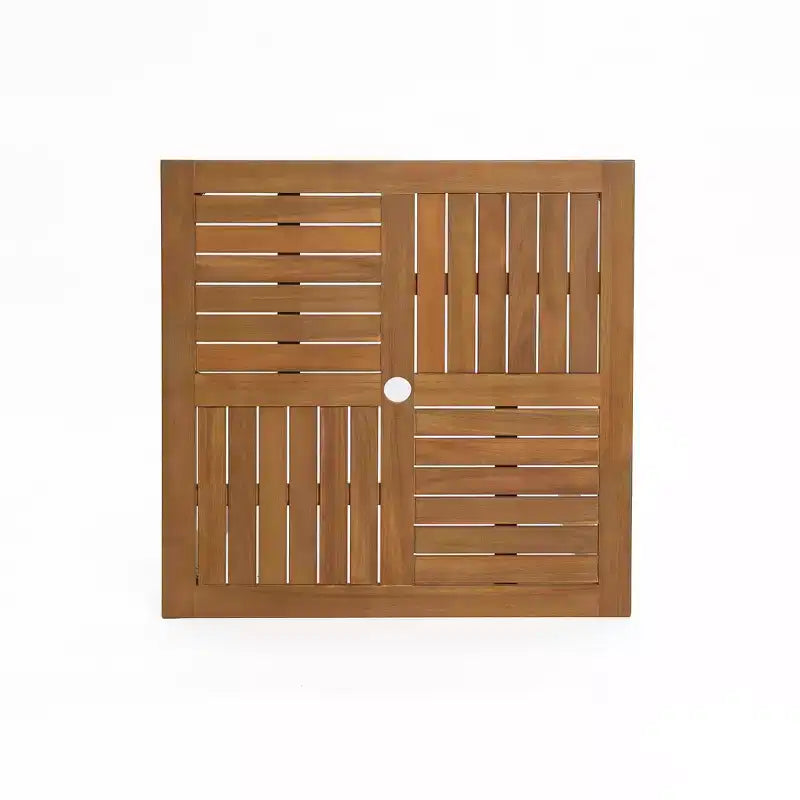 Set da esterno LuxenHome con tavolo in legno di acacia per 4 persone ad altezza bancone e 4 sgabelli, marrone