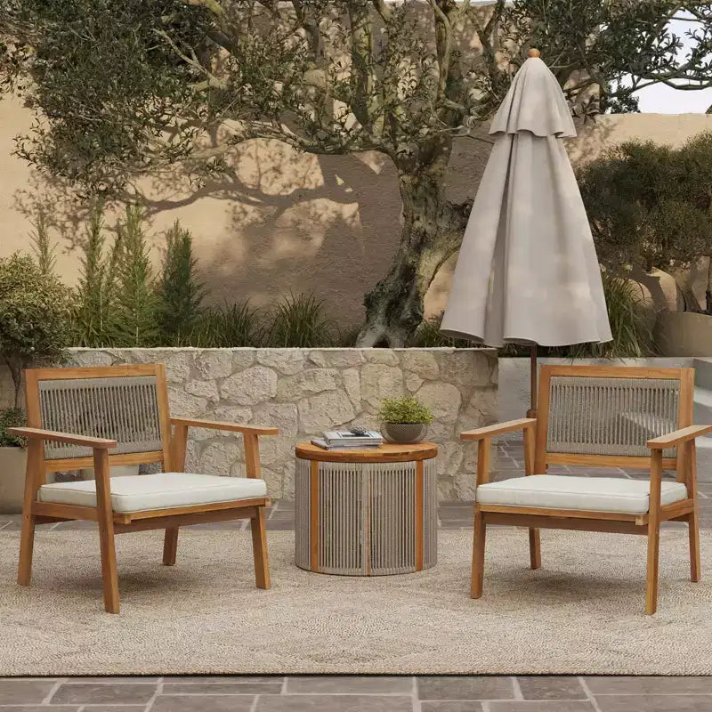 LuxenHome Outdoor Acacia Wood Rope Back Armchairs with Cushions, Set of 2
