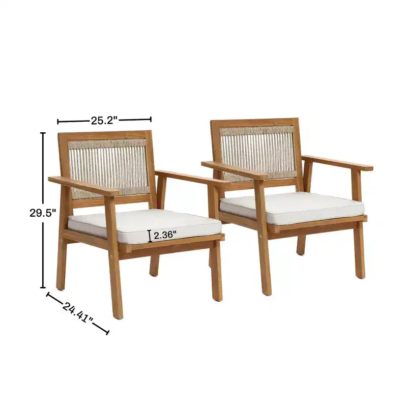 LuxenHome Outdoor Acacia Wood Rope Back Armchairs with Cushions, Set of 2