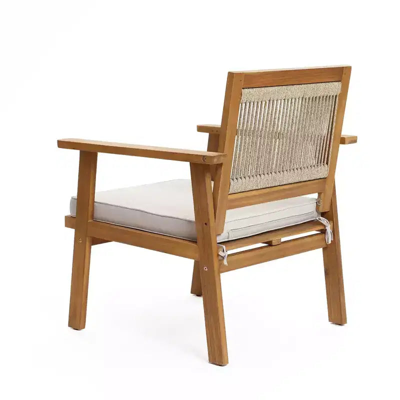 LuxenHome Outdoor Acacia Wood Rope Back Armchairs with Cushions, Set of 2