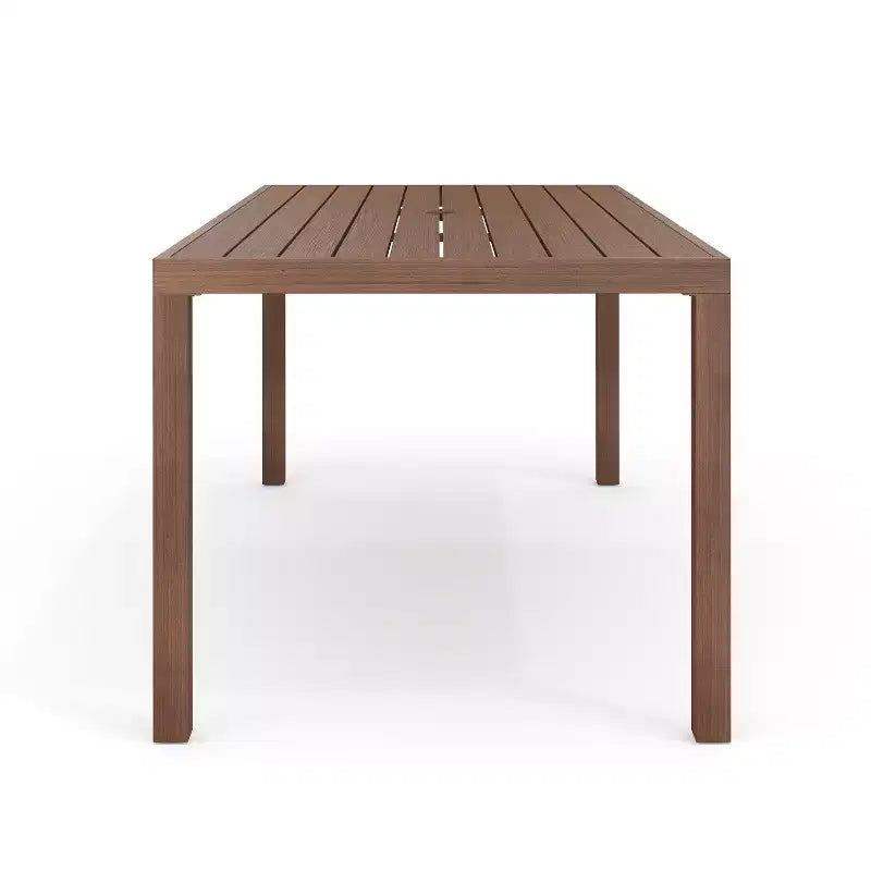 Set da patio per interni ed esterni Martha Stewart Bedford con tavolo da 71 e 8 sedie da pranzo, finitura in alluminio con venature del legno spazzolato e cuscini per seduta resistenti a tutte le condizioni atmosferiche
