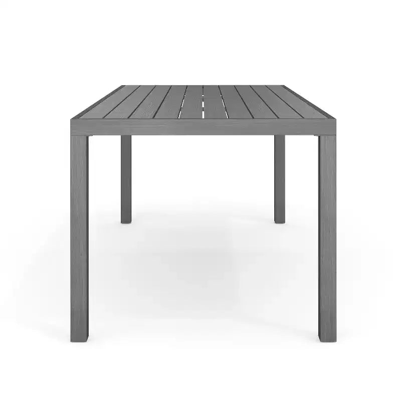 Set da patio per interni ed esterni Martha Stewart Bedford con tavolo da 71 e 8 sedie da pranzo, finitura in alluminio con venature del legno spazzolato e cuscini per seduta resistenti a tutte le condizioni atmosferiche