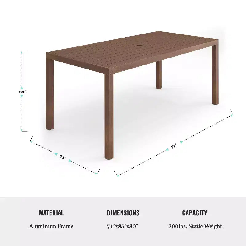 Set da patio per interni ed esterni Martha Stewart Bedford con tavolo da 71 e 8 sedie da pranzo, finitura in alluminio con venature del legno spazzolato e cuscini per seduta resistenti a tutte le condizioni atmosferiche