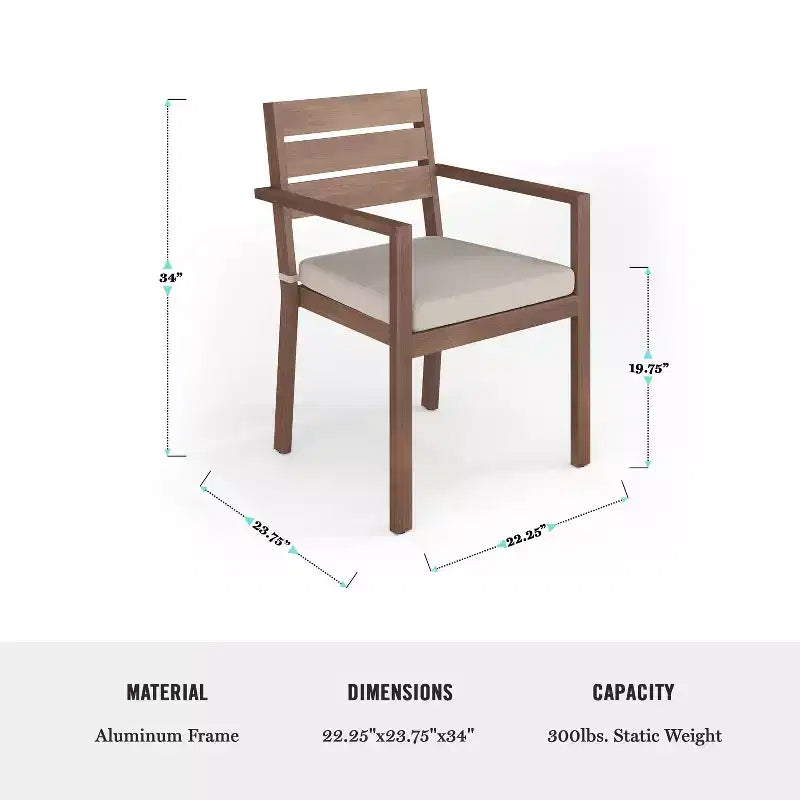 Set da patio per interni ed esterni Martha Stewart Bedford con tavolo da 71 e 8 sedie da pranzo, finitura in alluminio con venature del legno spazzolato e cuscini per seduta resistenti a tutte le condizioni atmosferiche