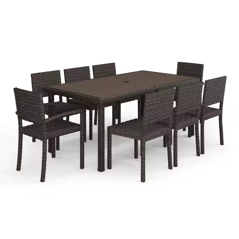 Set da pranzo da interno-esterno Martha Stewart Bedford da 9 pezzi, con 8 sedie impilabili e tavolo da patio da 71 pollici con piano in legno composito e intreccio in rattan