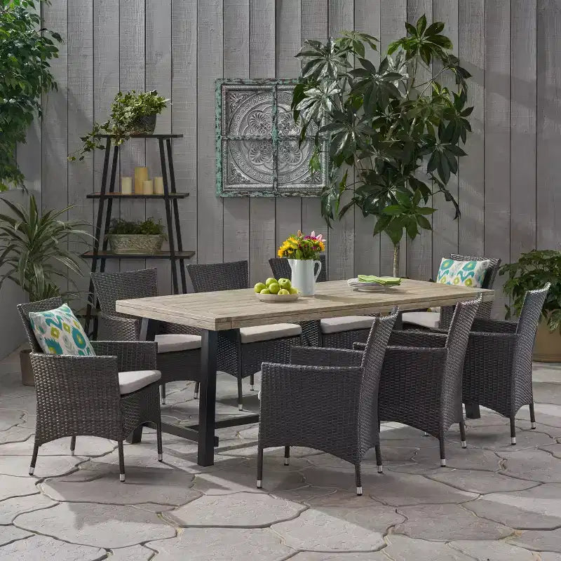 Christopher Knight Home Flamingo Outdoor Acacia Wood and Wicker 9 Piece Dining Set with Cushion