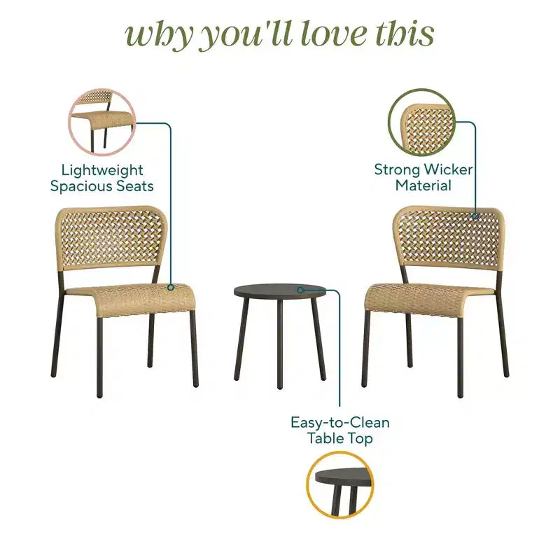Novogratz Briar 3-Piece Wicker Chat Set, Tan