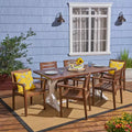Christopher Knight Home Shalimar Outdoor Acacia Wood 7 Piece Dining Set, Dark Brown and White
